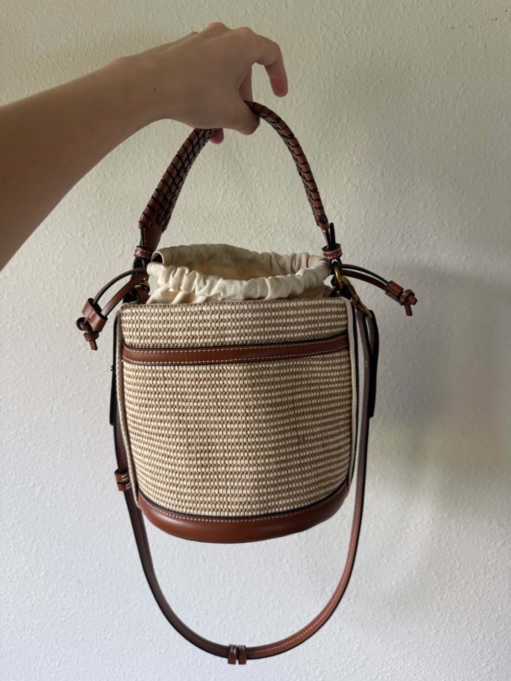 Zara Cream Woven Bucket Bag with Brown Leather Trim - Picture 6 of 12
